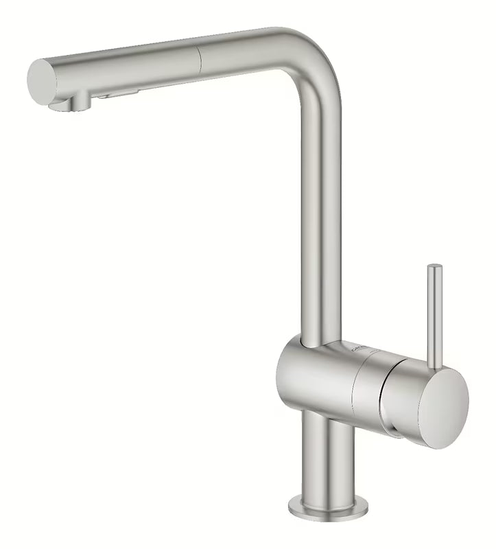 Virtuvinis maišytuvas Grohe Minta su aukštu L formos snapu ir ištraukiama žarna, supersteel spalvos.