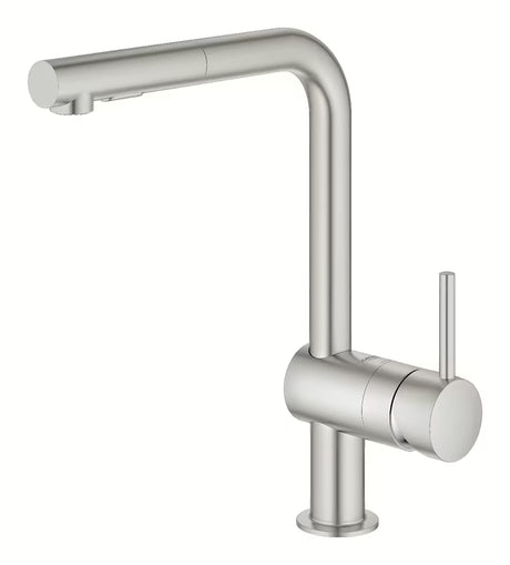 Virtuvinis maišytuvas Grohe Minta su aukštu L formos snapu ir ištraukiama žarna, supersteel spalvos.
