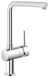 Chromo spalvos virtuvinis maišytuvas Grohe Minta su L formos snapu, pasukamu vamzdeliu ir ištraukiama dušo galvute