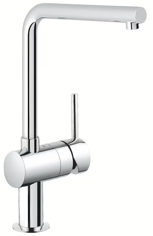 Chromo spalvos virtuvinis maišytuvas Grohe Minta su L formos snapu, pasukamu vamzdeliu ir ištraukiama dušo galvute