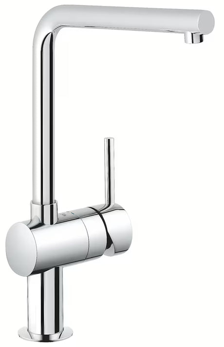 Chromo spalvos virtuvinis maišytuvas Grohe Minta su L formos snapu, pasukamu vamzdeliu ir ištraukiama dušo galvute