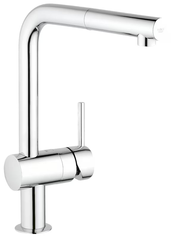 Chromo spalvos virtuvinis maišytuvas Grohe Minta su aukštu L formos snapu ir ištraukiama dušo galvute