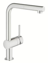 Virtuvinis maišytuvas Grohe Minta, supersteel spalvos, su pasukamu L formos snapu ir ištraukiama dušo galvute.