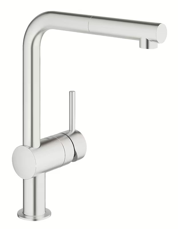 Virtuvinis maišytuvas Grohe Minta, supersteel spalvos, su pasukamu L formos snapu ir ištraukiama dušo galvute.