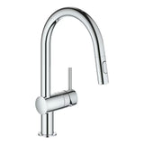 Chromo spalvos virtuvinis maišytuvas Grohe Minta su aukštu pasukamu snapu ir ištraukiama dušelio galvute