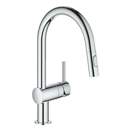 Chromo spalvos virtuvinis maišytuvas Grohe Minta su aukštu pasukamu snapu ir ištraukiama dušelio galvute