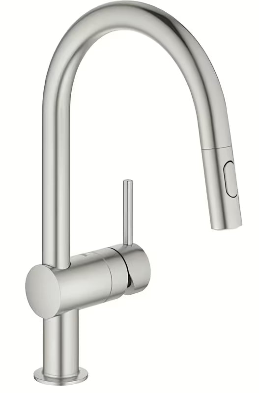 Virtuvinis maišytuvas Grohe Minta supersteel apdailos su aukštu pasukamu snapu ir ištraukiama dušo galvute