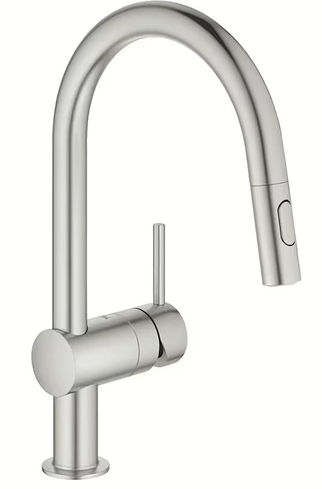 Virtuvinis maišytuvas Grohe Minta supersteel apdailos su aukštu pasukamu snapu ir ištraukiama dušo galvute