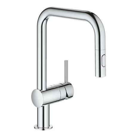 Chromo spalvos virtuvinis maišytuvas Grohe Minta su aukštu pasukamu snapu ir ištraukiama dušelio galvute