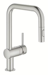 Virtuvinis maišytuvas Grohe Minta supersteel su aukštu pasukamu snapu ir ištraukiama dušo galvute