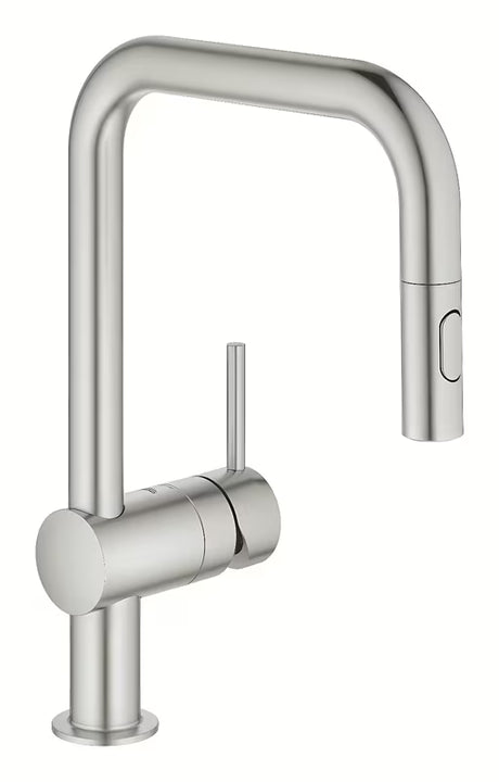 Virtuvinis maišytuvas Grohe Minta supersteel su aukštu pasukamu snapu ir ištraukiama dušo galvute