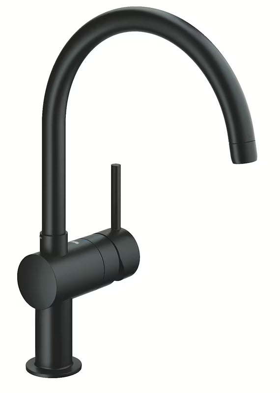 Grohe Minta svirtinis virtuvinis maišytuvas su aukštu C tipo dugno vožtuvu, juodos matinės apdailos, Velvet Black.