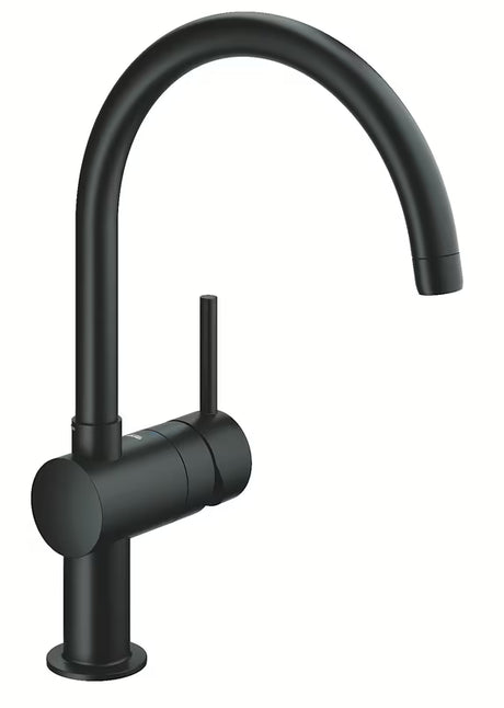 Grohe Minta svirtinis virtuvinis maišytuvas su aukštu C tipo dugno vožtuvu, juodos matinės apdailos, Velvet Black.