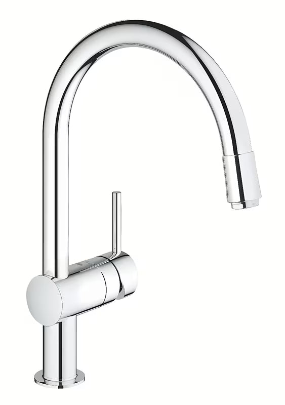 Chromo spalvos virtuvinis maišytuvas Grohe Minta su aukštu C formos snapu, 360° pasukimu ir ištraukiama dušo galvute