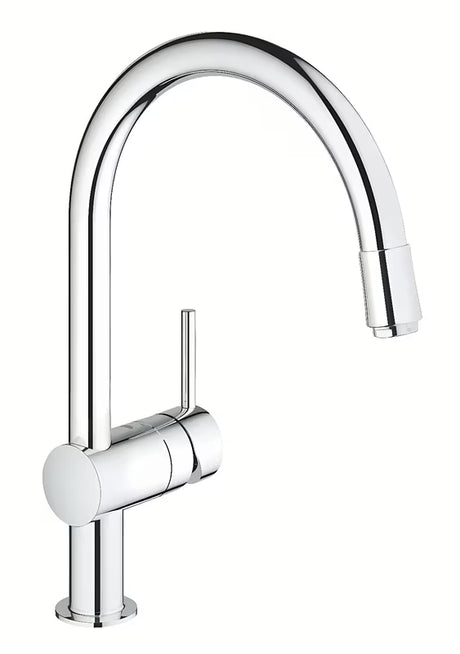 Chromo spalvos virtuvinis maišytuvas Grohe Minta su aukštu C formos snapu, 360° pasukimu ir ištraukiama dušo galvute