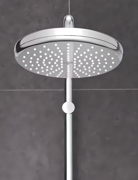 Chromo spalvos viršutinis dušas Grohe New Tempesta 210 su Rain srove ir DreamSpray bei SpeedClean technologijomis.