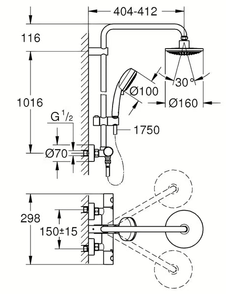 Dušo sistema Grohe New Tempesta Cosmopolitan 160 su termostatiniu maišytuvu chromo spalvos