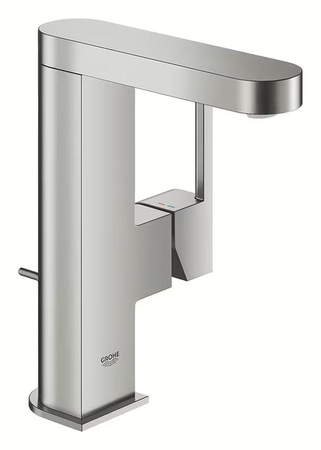 Praustuvo svirtinis maišytuvas Grohe Plus, apdaila – supersteel, su pasukamu snapu ir dugno vožtuvu.