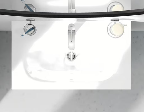 Praustuvo svirtinis maišytuvas Grohe Plus, apdaila – supersteel, su pasukamu snapu ir dugno vožtuvu.