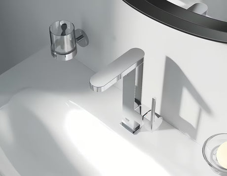 Chromuotas praustuvo maišytuvas Grohe Plus su aukštu snapu, pasukamu ištekėjimu ir svirtiniu valdymu