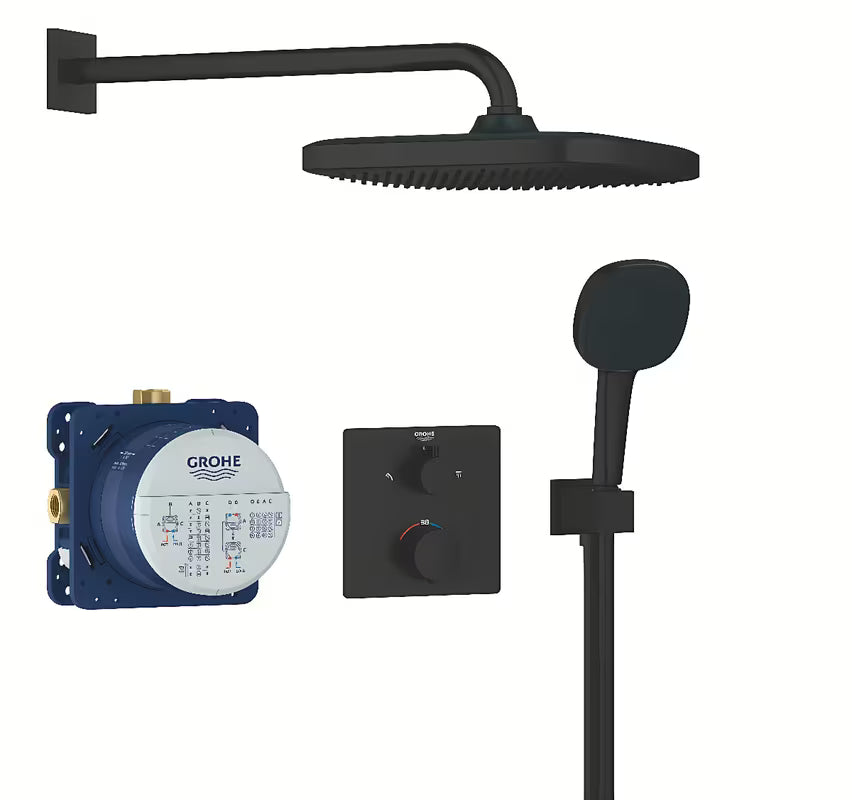Potinkinis dušo sistema Grohe Precision Thermostat matinės juodos spalvos, su viršutiniu ir rankiniu dušu