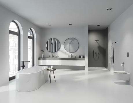 Sieninis dušo laikiklis Grohe Rainshower su apvalia rozete, Brushed Hard Graphite apdaila.