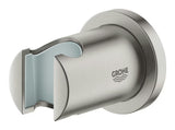 Sieninis dušo laikiklis Grohe Rainshower su apvalia rozete, matinio nerūdijančio plieno supersteel apdailos.