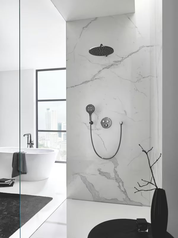Nejudantis sieninis laikiklis rankinis dušai Grohe Rainshower neutral su apvalia rozete, Hard Graphite spalvos.
