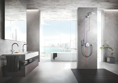 Chromo spalvos viršutinis dušas Grohe Rainshower smartactive 310 su dušo laikikliu pro montavimui ant sienos