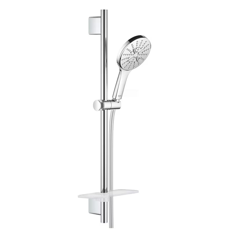 Chromo spalvos dušo komplektas Grohe Rainshower smartactive su rankiniu dušu, dušo stovu, žarna ir lentynėle