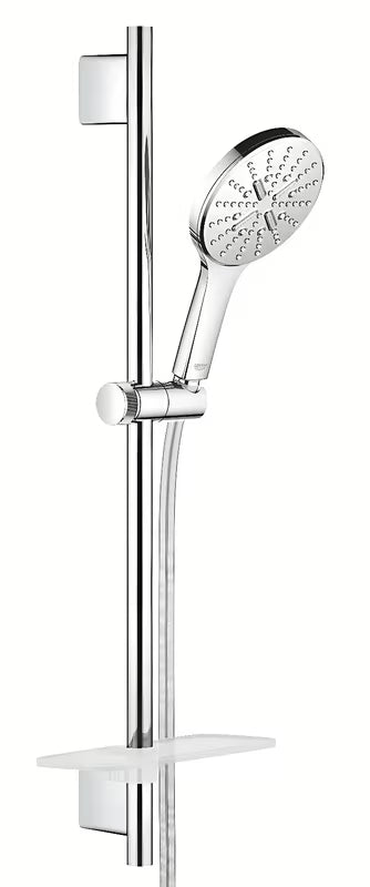 Chromo spalvos dušo komplektas Grohe Rainshower smartactive su rankiniu dušu, stovu, žarna Silverflex ir lentynėle EasyReach