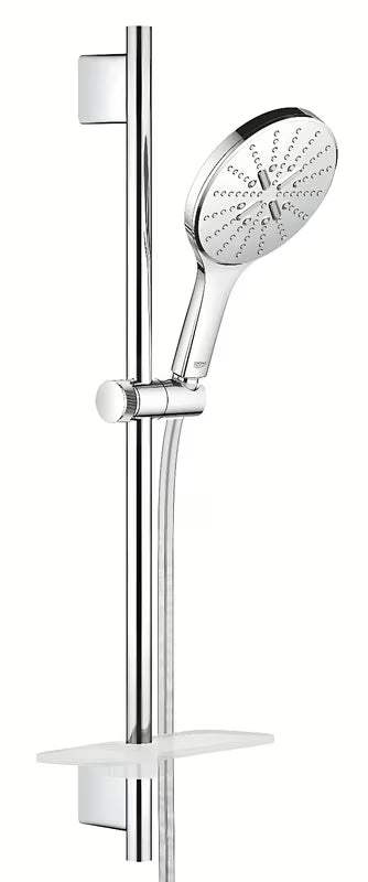 Chromo spalvos dušo komplektas Grohe Rainshower smartactive su rankiniu dušu, stovu, žarna Silverflex ir lentynėle EasyReach