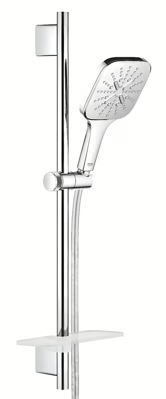 Dušo komplektas Grohe Rainshower smartactive Cube chromo spalvos su rankiniu dušu, stovu, žarna ir lentynėle