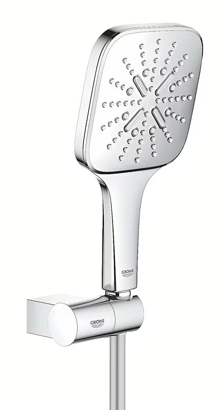 Chromo spalvos dušo komplektas Grohe Rainshower smartactive Cube su rankiniu dušu su 3 srovės režimais ir žarna Silverflex