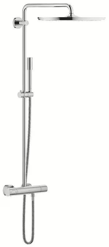 Dušo sistema Grohe Rainshower System su termostatiniu maišytuvu chromo spalvos, su viršutiniu ir rankiniu dušu.