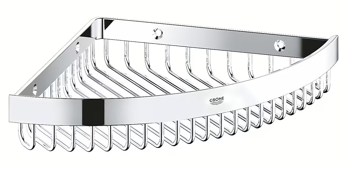 Chromuotas kampinė lentyna Grohe Selection Cube pro, skirtas montuoti ant sienos moderniame vonios kambaryje.