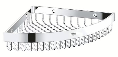 Chromuotas kampinė lentyna Grohe Selection Cube pro, skirtas montuoti ant sienos moderniame vonios kambaryje.