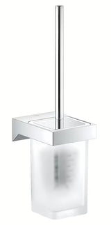 Sieninė WC šepetys Grohe Selection Cube, chromo spalvos, su paslėptu tvirtinimu ir stiklo bei metalo laikikliu.