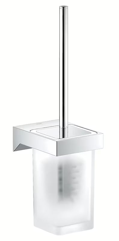 Sieninė WC šepetys Grohe Selection Cube, chromo spalvos, su paslėptu tvirtinimu ir stiklo bei metalo laikikliu.
