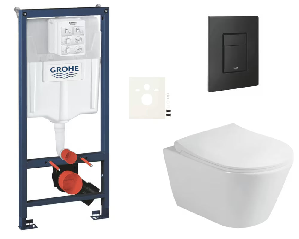 Pakabinami WC komplektas Glacera Ava su montavimo sistema Grohe Rapid SL, mygtuku Even ir sėdyne softclose.