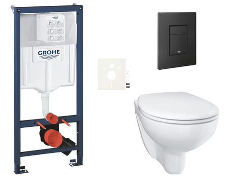 Pakabinami WC komplektas Grohe Bau Ceramic su potinkiniu moduliu Rapid SL ir juodu mygtuku Even