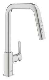 Virtuvinis maišytuvas Grohe Start 2021 supersteel apdailos su aukštu pasukamu snapu ir ištraukiama galvute.