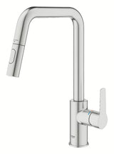 Virtuvinis maišytuvas Grohe Start 2021 supersteel apdailos su aukštu pasukamu snapu ir ištraukiama galvute.