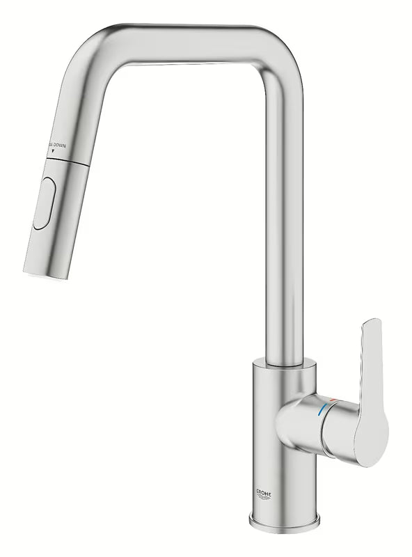 Virtuvinis maišytuvas Grohe Start 2021 supersteel apdailos su aukštu pasukamu snapu ir ištraukiama galvute.