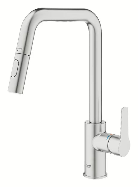 Virtuvinis maišytuvas Grohe Start 2021 supersteel apdailos su aukštu pasukamu snapu ir ištraukiama galvute.