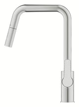 Virtuvinis maišytuvas Grohe Start 2021, supersteel apdailos, su aukštu pasukamu snapu ir ištraukiama dušo galvute.