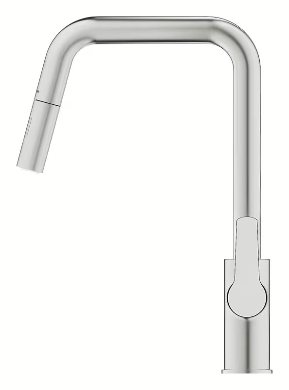 Virtuvinis maišytuvas Grohe Start 2021, supersteel apdailos, su aukštu pasukamu snapu ir ištraukiama dušo galvute.