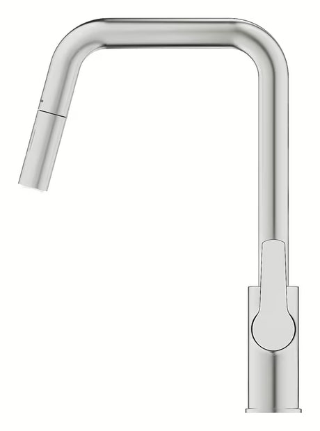 Virtuvinis maišytuvas Grohe Start 2021, supersteel apdailos, su aukštu pasukamu snapu ir ištraukiama dušo galvute.
