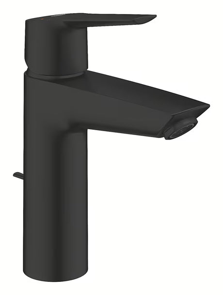 Matinės juodos spalvos svirtinis praustuvo maišytuvas Grohe Start su pastatomu montavimu ir dugno vožtuvu.