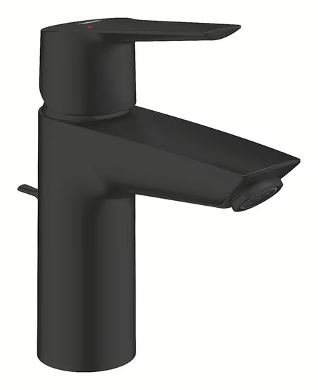Matinės juodos spalvos svirtinis praustuvo maišytuvas Grohe Start su pastatomu montavimu ir dugno vožtuvu.
